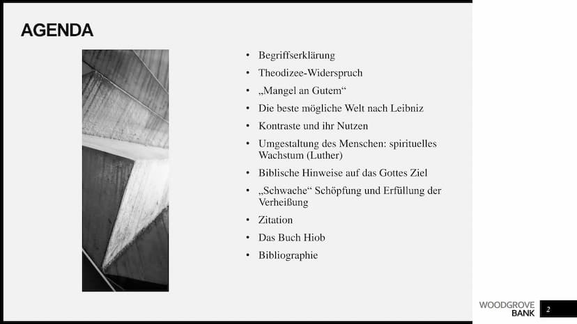 Artur Avetisian
THEODIZEE AGENDA
●
●
●
●
Umgestaltung des Menschen: spirituelles
Wachstum (Luther)
• Biblische Hinweise auf das Gottes Ziel
