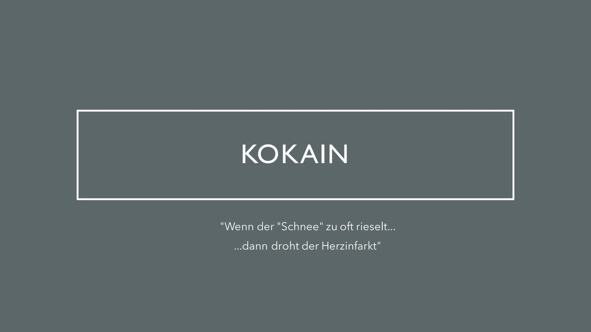 KOKAIN
"Wenn der "Schnee" zu oft rieselt...
...dann droht der Herzinfarkt" INHALTSVERZEICHNIS
Herkunft und
Fakten der Droge
Wirkung im
Nerve