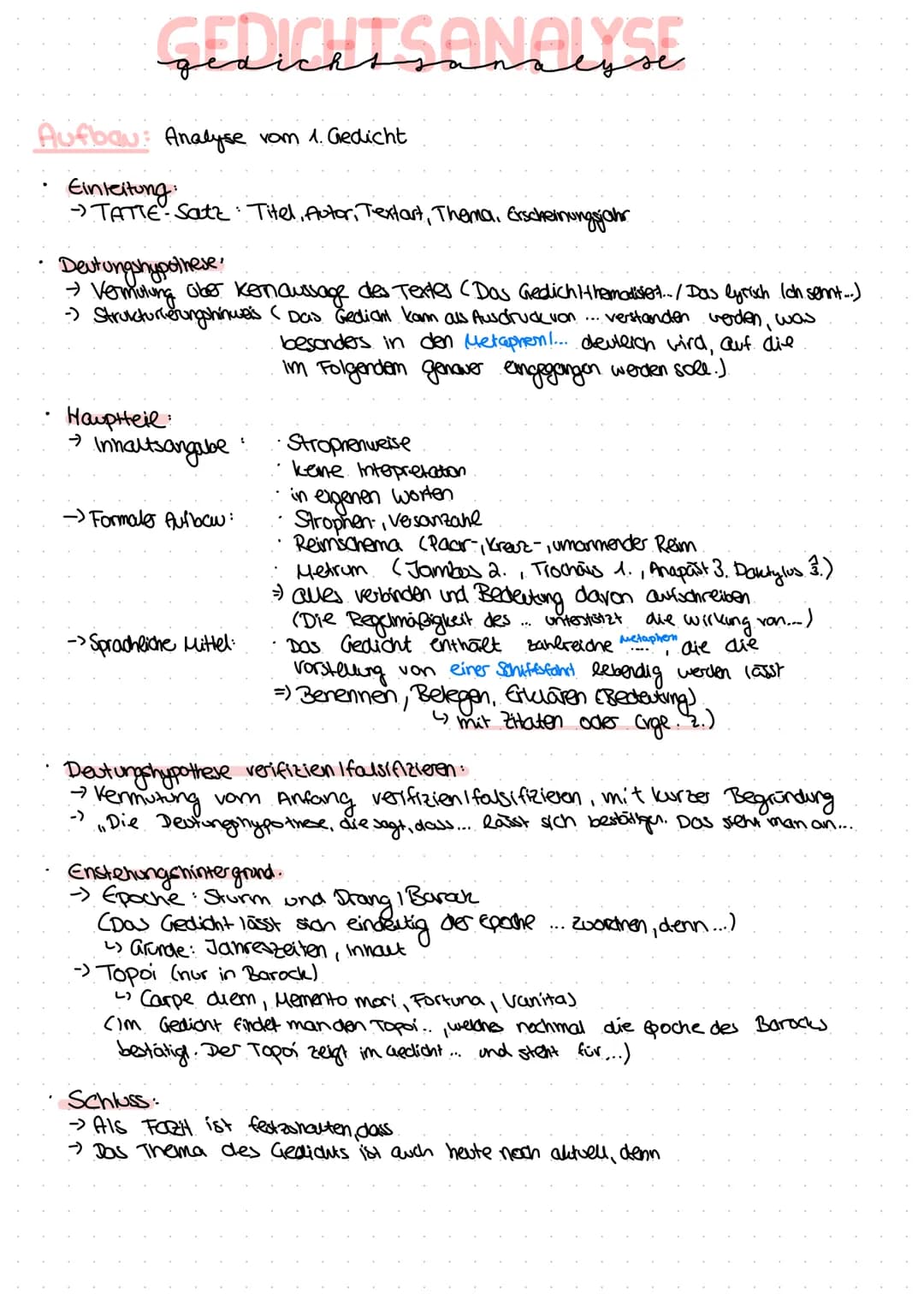 GEDICHTSANALYSE
Aufbau: Analyse vom 1. Gedicht
Einleitung:
-TATTE-Satz Titel, Autor, Textart, Thema, Erscheinungsjahr
Deutungshypothese?
→ V