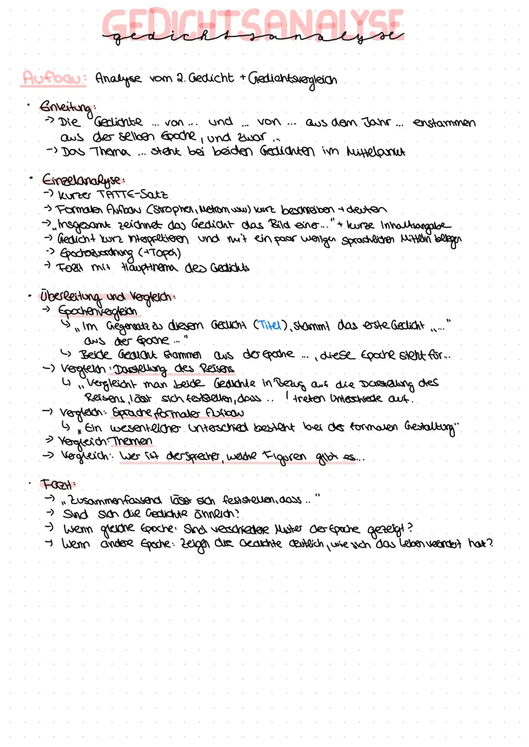 GEDICHTSANALYSE
Aufbau: Analyse vom 1. Gedicht
Einleitung:
-TATTE-Satz Titel, Autor, Textart, Thema, Erscheinungsjahr
Deutungshypothese?
→ V