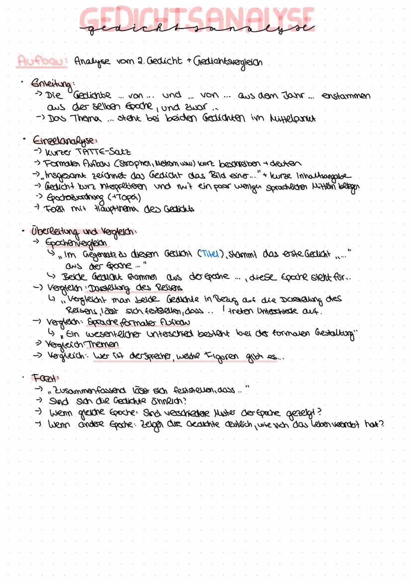 GEDICHTSANALYSE
Aufbau: Analyse vom 1. Gedicht
Einleitung:
-TATTE-Satz Titel, Autor, Textart, Thema, Erscheinungsjahr
Deutungshypothese?
→ V