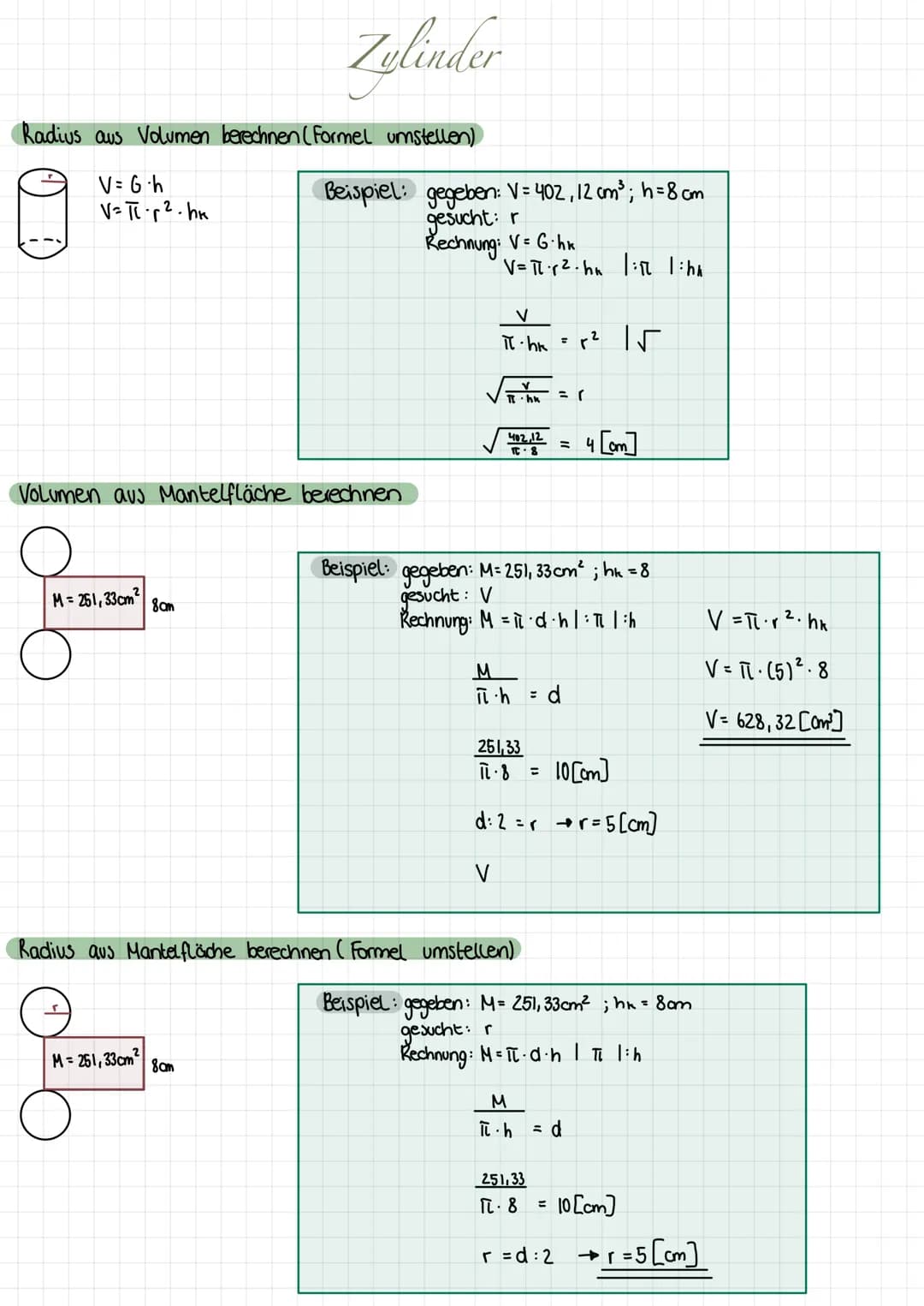 Oberfläche berechnen
Grundfläche
Mantel
Volumen berechnen
Vzy = 6.h
Vzy= π. r². h
Grundfläche
Mantelfläche berechnen
Mantel
Th
Ozy = 2.G+M
O
