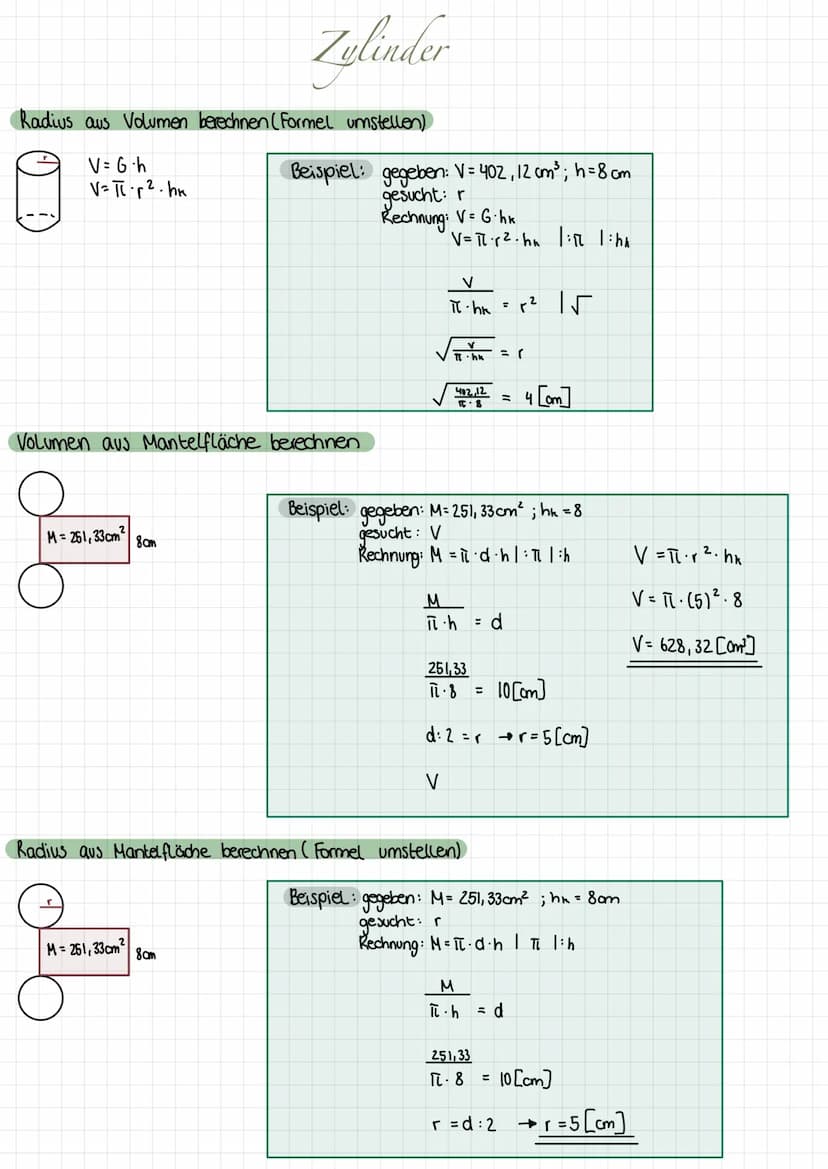 Oberfläche berechnen
Grundfläche
Mantel
Volumen berechnen
Vzy = 6.h
Vzy= π. r². h
Grundfläche
Mantelfläche berechnen
Mantel
Th
Ozy = 2.G+M
O