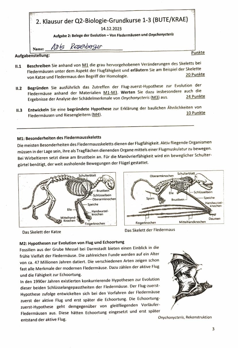 Name:
2. Klausur der Q2-Biologie-Grundkurse 1-3 (BUTE/KRAE)
14.12.2023
Aufgabe 1: Belege für die Evolution - Das Insulinmolekül im Laufe der