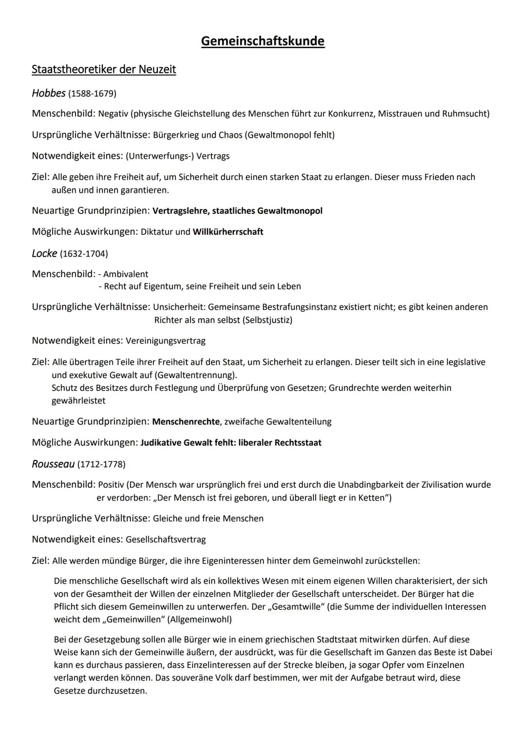 Staatstheoretiker der Neuzeit
Gemeinschaftskunde
Hobbes (1588-1679)
Menschenbild: Negativ (physische Gleichstellung des Menschen führt zur K