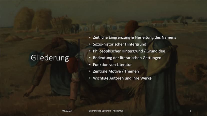 Der Realismus
[rea'lismus]
3  Gliederung
03.02.23
• Zeitliche Eingrenzung & Herleitung des Namens
●
Sozio-historischer Hintergrund
• Philoso