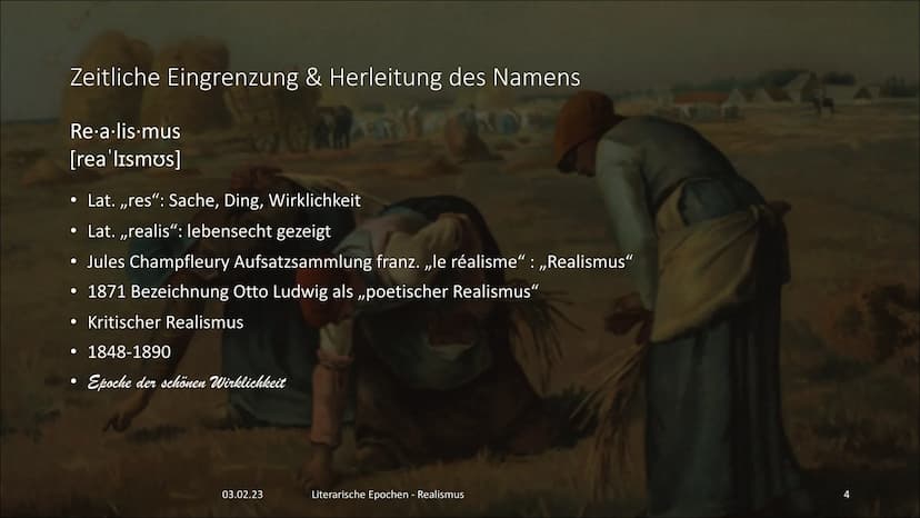 Der Realismus
[rea'lismus]
3  Gliederung
03.02.23
• Zeitliche Eingrenzung & Herleitung des Namens
●
Sozio-historischer Hintergrund
• Philoso