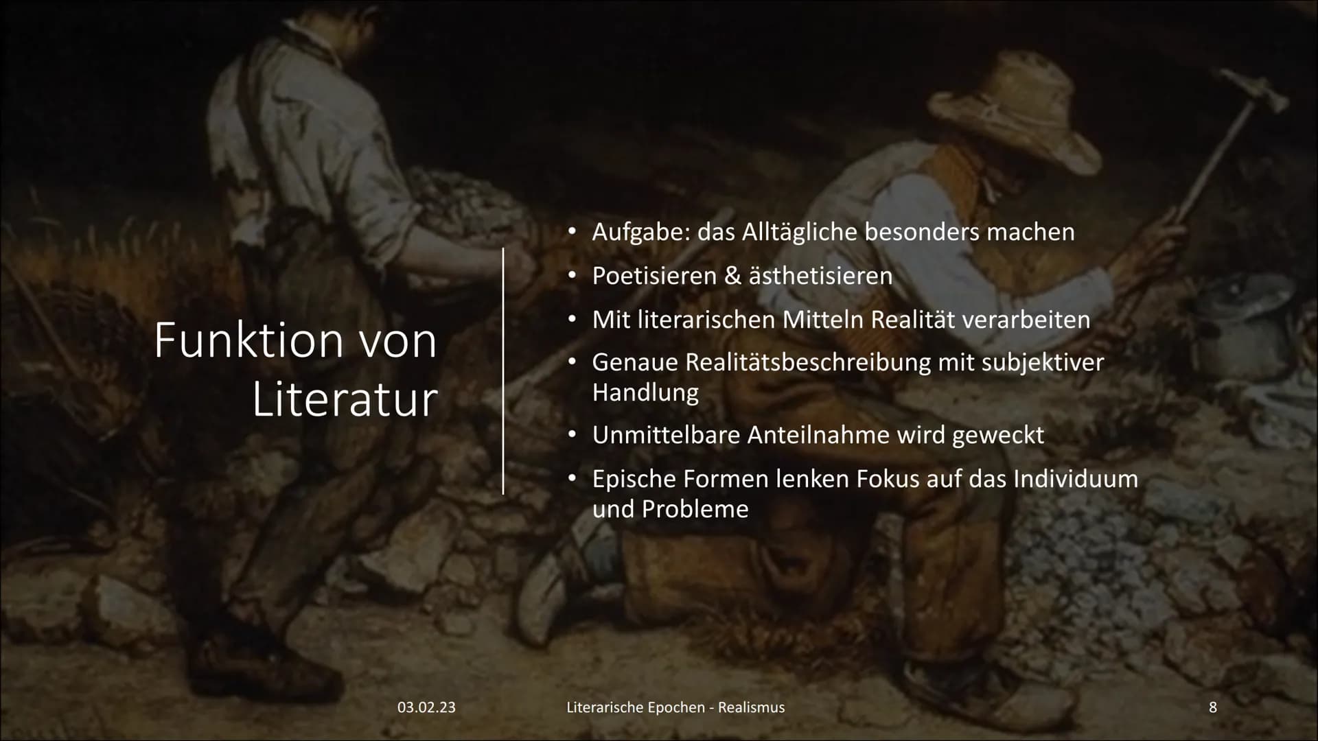 Der Realismus
[rea'lismus]
3  Gliederung
03.02.23
• Zeitliche Eingrenzung & Herleitung des Namens
●
Sozio-historischer Hintergrund
• Philoso