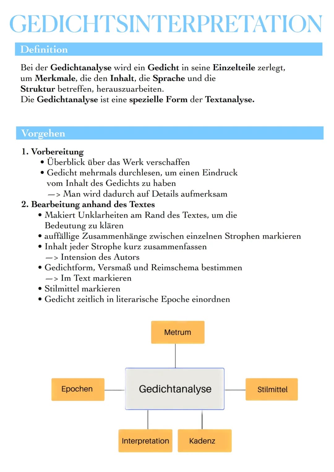 GEDICHTSINTERPRETATION
Definition
Bei der Gedichtanalyse wird ein Gedicht in seine Einzelteile zerlegt,
um Merkmale, die den Inhalt, die Spr