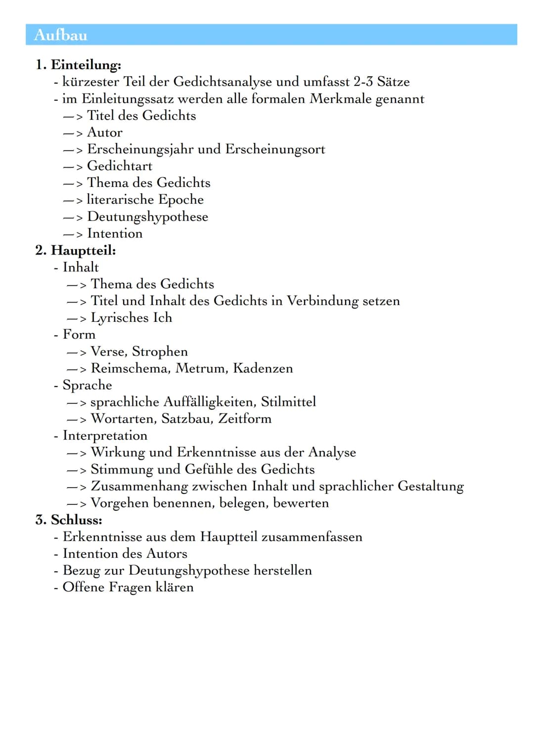 GEDICHTSINTERPRETATION
Definition
Bei der Gedichtanalyse wird ein Gedicht in seine Einzelteile zerlegt,
um Merkmale, die den Inhalt, die Spr