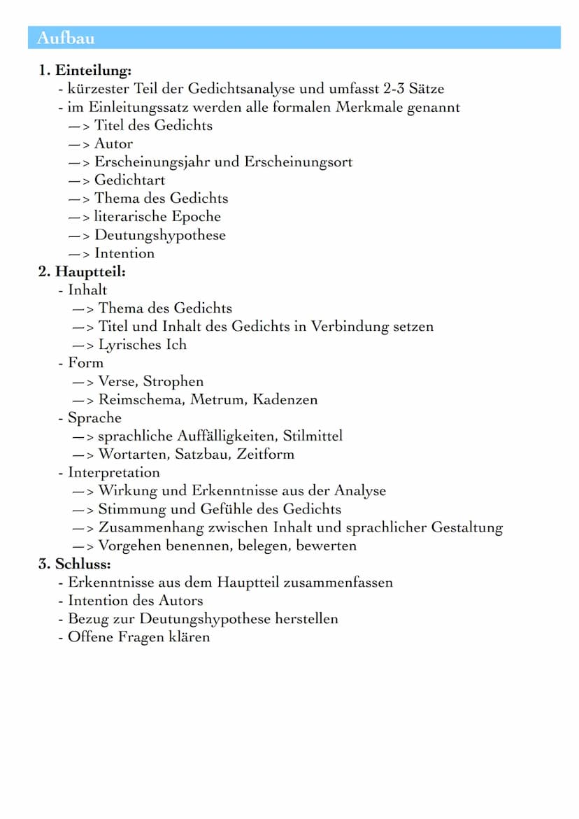 GEDICHTSINTERPRETATION
Definition
Bei der Gedichtanalyse wird ein Gedicht in seine Einzelteile zerlegt,
um Merkmale, die den Inhalt, die Spr