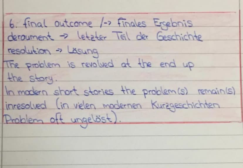 6. final outcome /-> finales Ergebnis
deroument →> letzter Teil der Geschichte
resolution ->
Lösung
The problem is revolved at the end up
th
