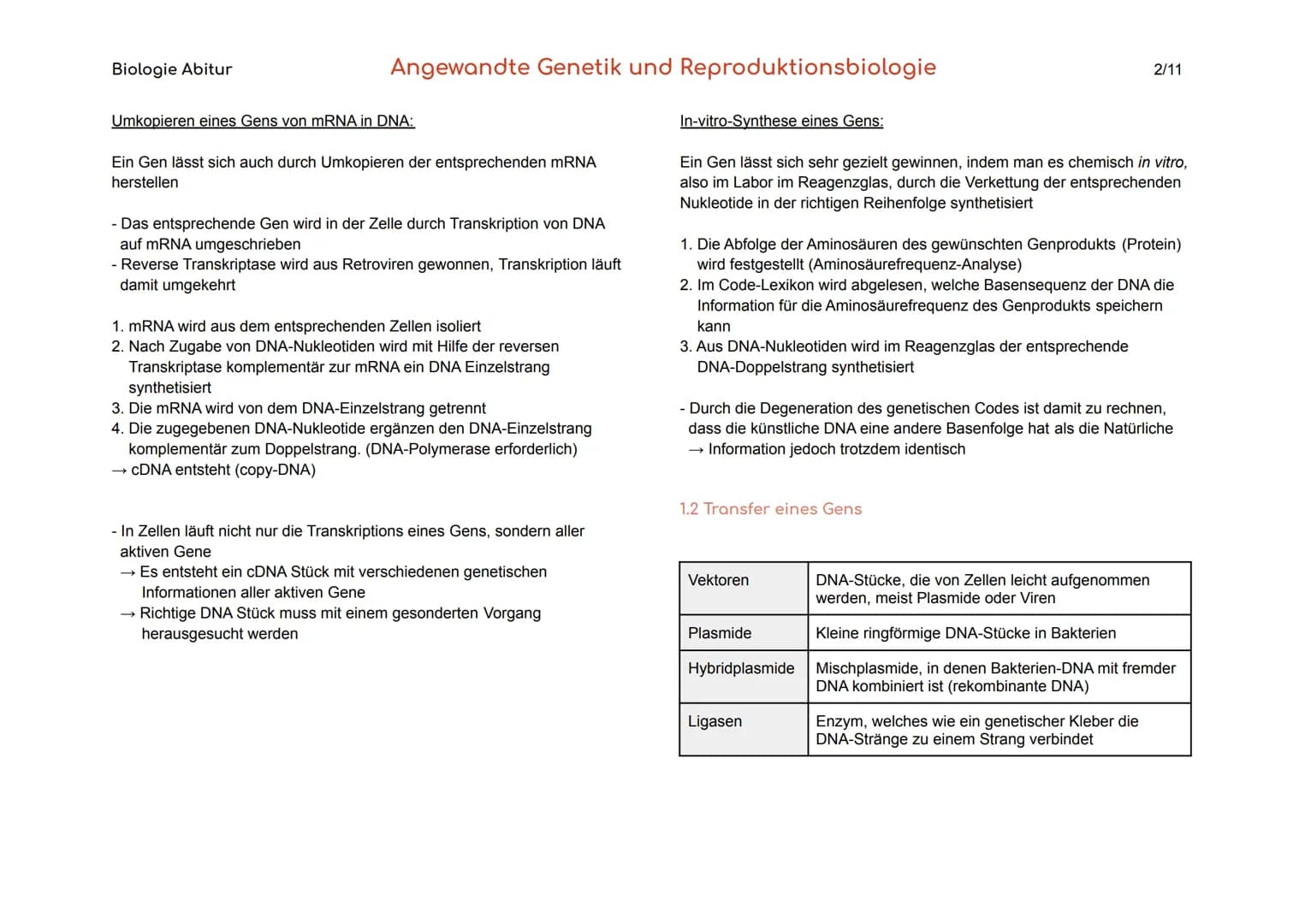 Biologie Abitur
1. Gentechnik
Gentechnik
Transgene Zellen
Genom
Angewandte Genetik und Reproduktionsbiologie
Verfahren, durch die fremde Gen