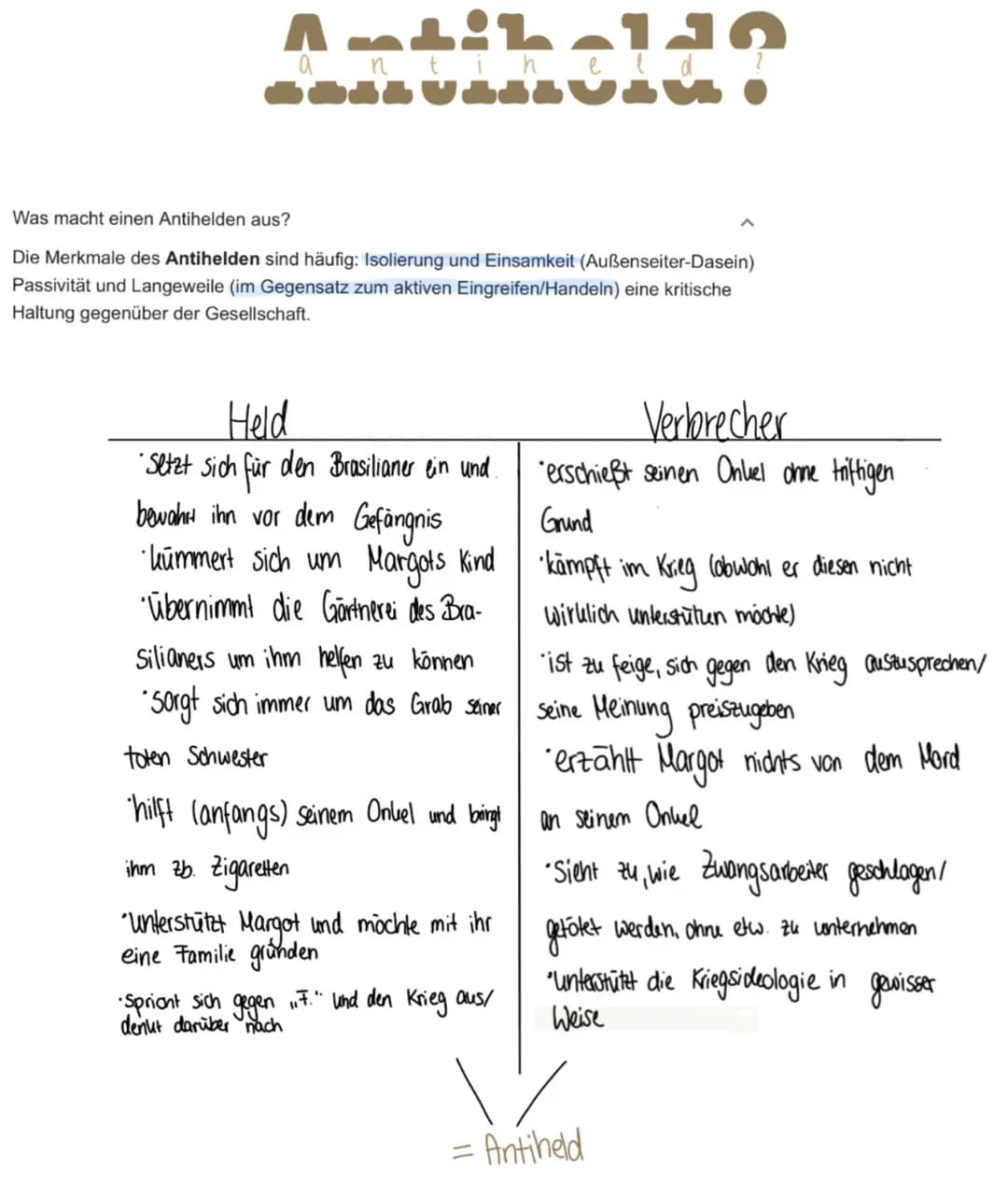 Antiheldo
hold?
n
Was macht einen Antihelden aus?
Die Merkmale des Antihelden sind häufig: Isolierung und Einsamkeit (Außenseiter-Dasein)
Pa