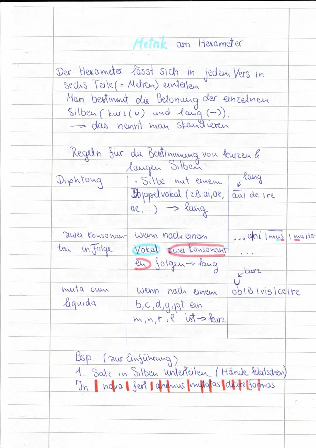 Metrik am Hexameter
Der Hexameter lässt sich in jedem Vers in
sechs Teile (= Metren) einteilen
Man bestimmt die Betonung der einzelnen
Silbe
