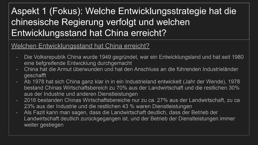 Entwicklungsstrategien von
China
von Henry und Tjaard
TH
10
***** Aspekt 1 (Fokus): Welche
chinesische Regierung verfolgt und welchen
Entwic