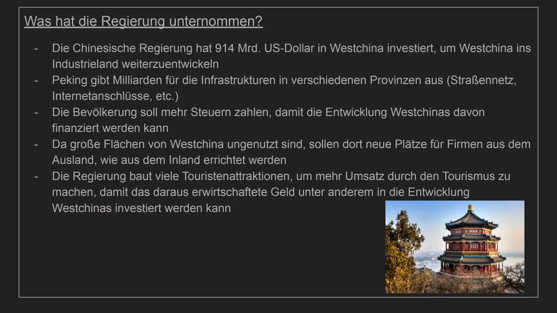 Entwicklungsstrategien von
China
von Henry und Tjaard
TH
10
***** Aspekt 1 (Fokus): Welche
chinesische Regierung verfolgt und welchen
Entwic