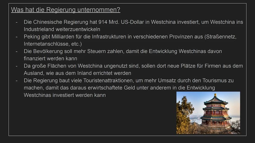 Entwicklungsstrategien von
China
von Henry und Tjaard
TH
10
***** Aspekt 1 (Fokus): Welche
chinesische Regierung verfolgt und welchen
Entwic