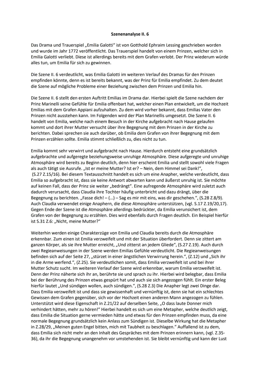Szenenanalyse II. 6
Das Drama und Trauerspiel ,,Emilia Galotti" ist von Gotthold Ephraim Lessing geschrieben worden
und wurde im Jahr 1772 v