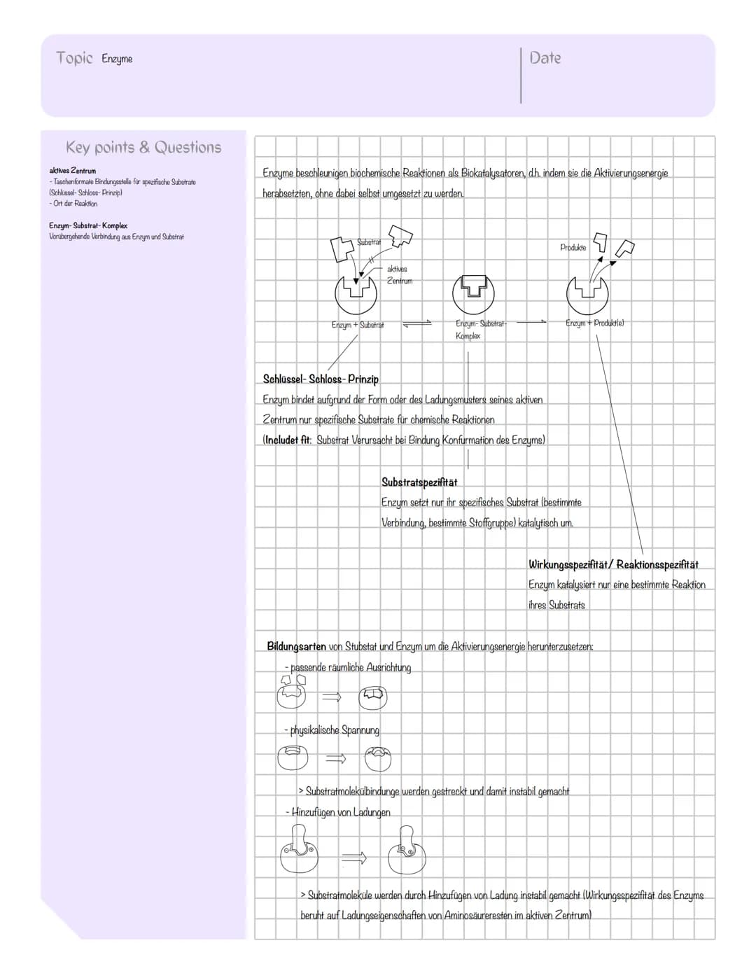 Topic Enzyme
Key points & Questions
aktives Zentrum
-Taschenformate Bindungsstelle für spezifische Substrate
(Schlüssel-Schloss-Prinzip)
- O
