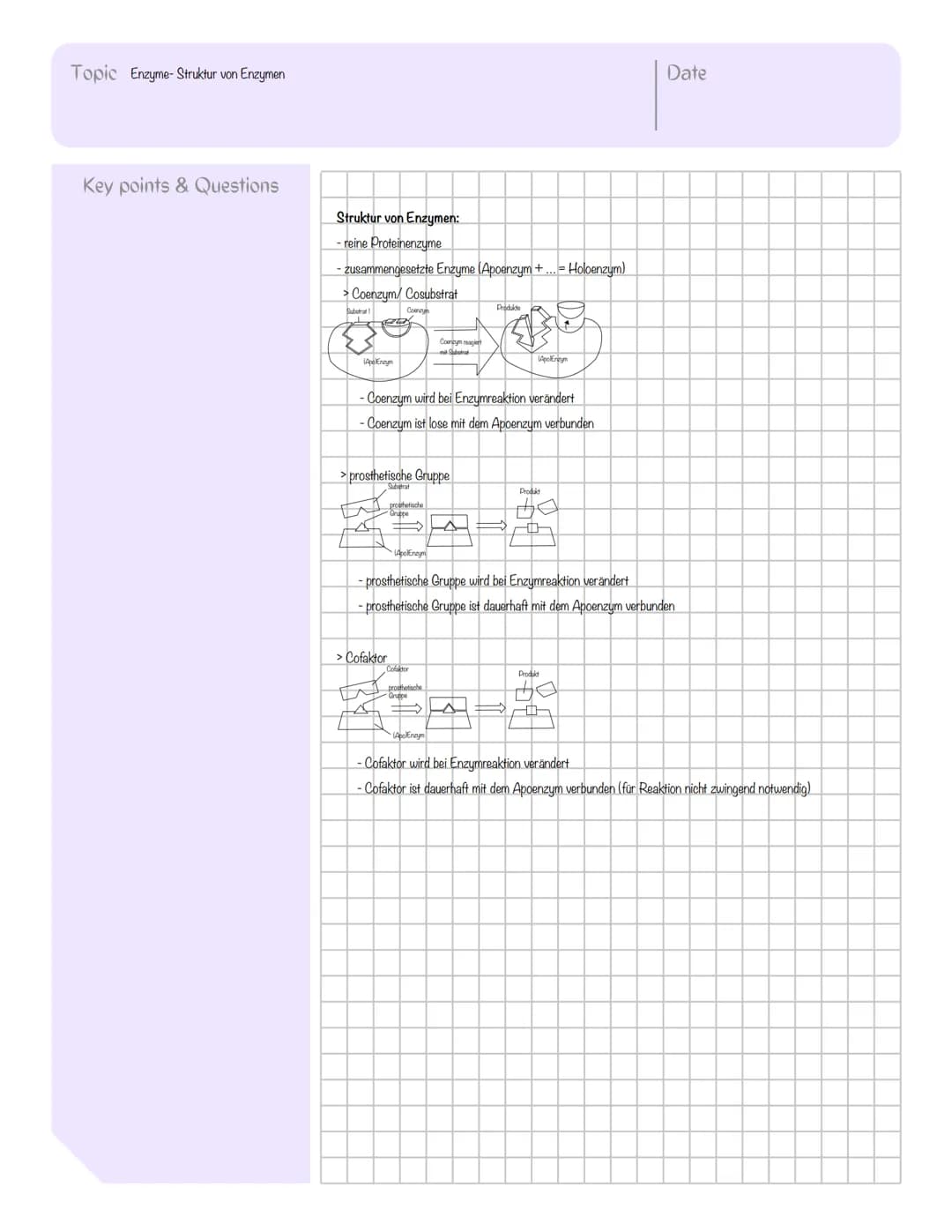 Topic Enzyme
Key points & Questions
aktives Zentrum
-Taschenformate Bindungsstelle für spezifische Substrate
(Schlüssel-Schloss-Prinzip)
- O