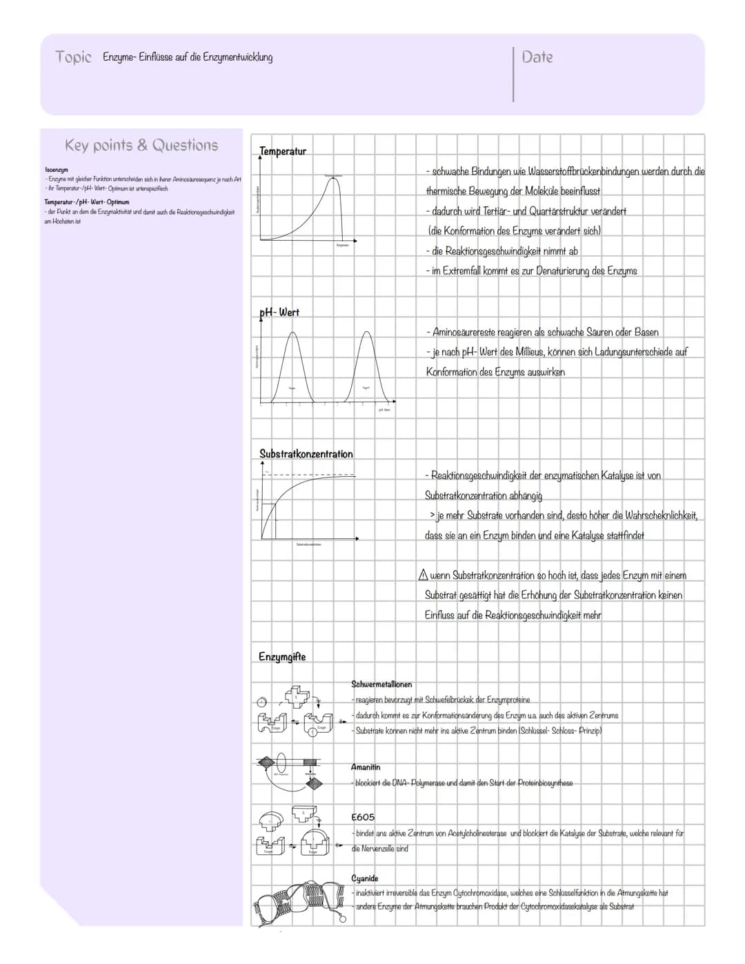 Topic Enzyme
Key points & Questions
aktives Zentrum
-Taschenformate Bindungsstelle für spezifische Substrate
(Schlüssel-Schloss-Prinzip)
- O