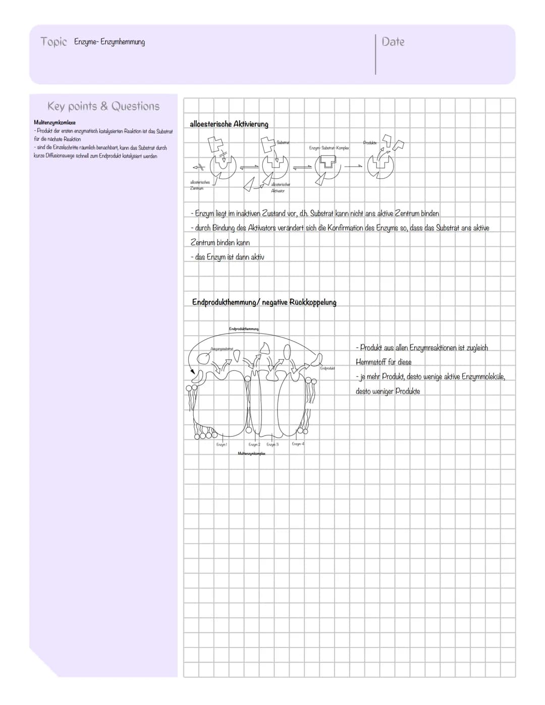 Topic Enzyme
Key points & Questions
aktives Zentrum
-Taschenformate Bindungsstelle für spezifische Substrate
(Schlüssel-Schloss-Prinzip)
- O