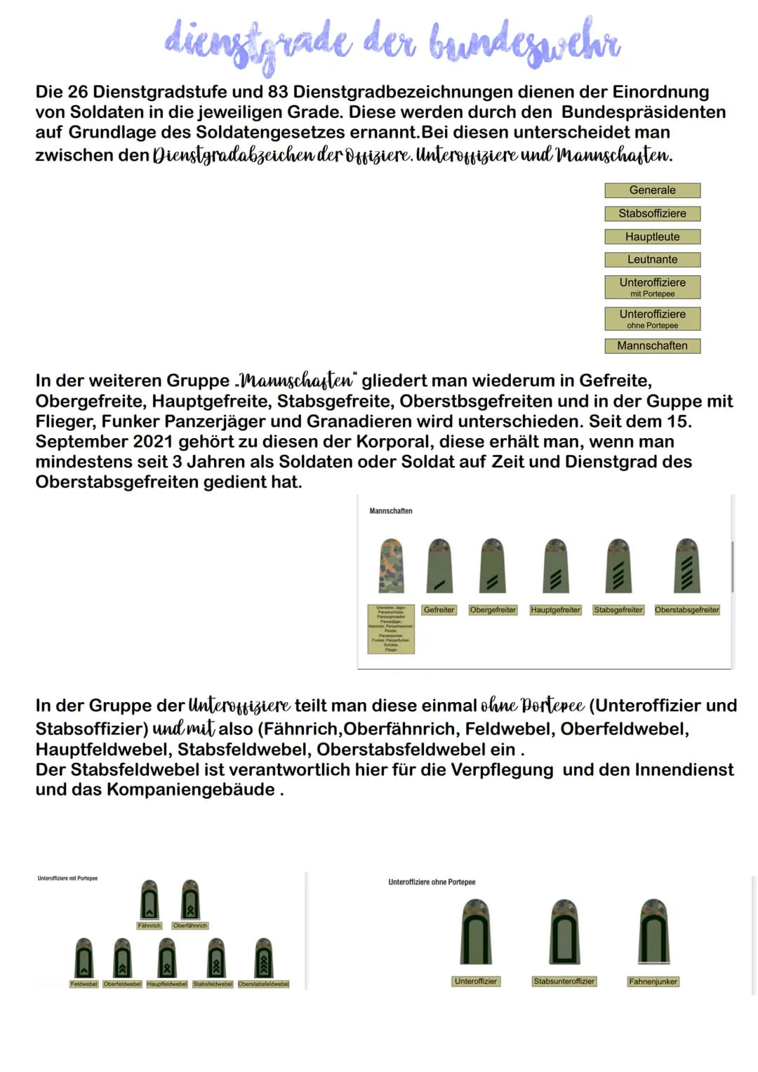 dienstgrade der bundeswehr
Die 26 Dienstgradstufe und 83 Dienstgradbezeichnungen dienen der Einordnung
von Soldaten in die jeweiligen Grade.
