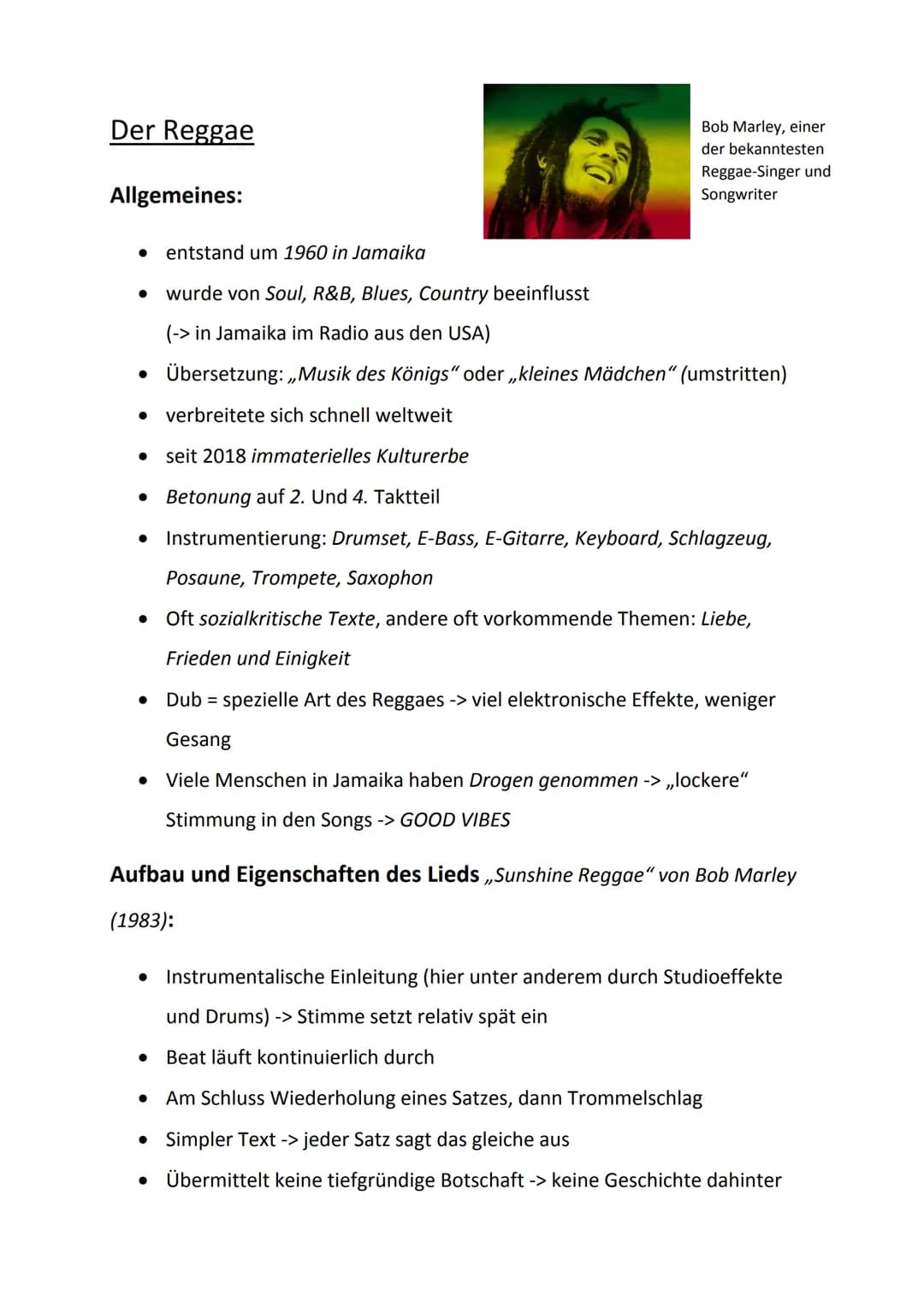 Der Reggae
Allgemeines:
●
entstand um 1960 in Jamaika
• wurde von Soul, R&B, Blues, Country beeinflusst
(-> in Jamaika im Radio aus den USA)