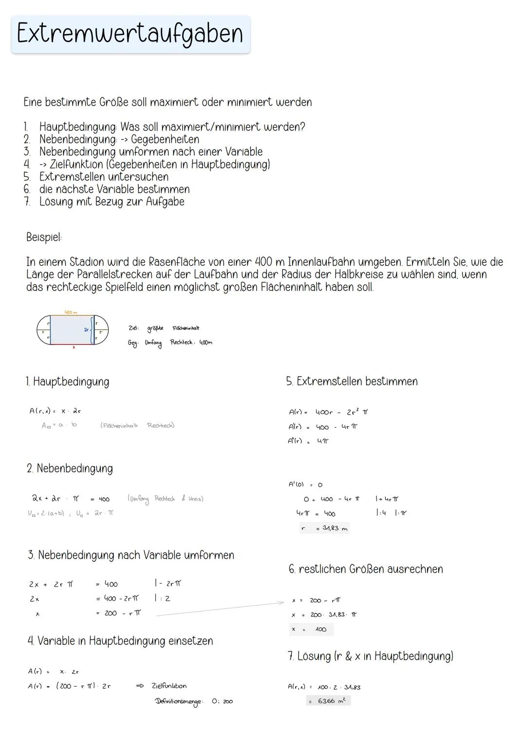 # Extremwertaufgaben

Eine bestimmte Größe soll maximiert oder minimiert werden

1. Hauptbedingung: Was soll maximiert/minimiert werden?
2. 