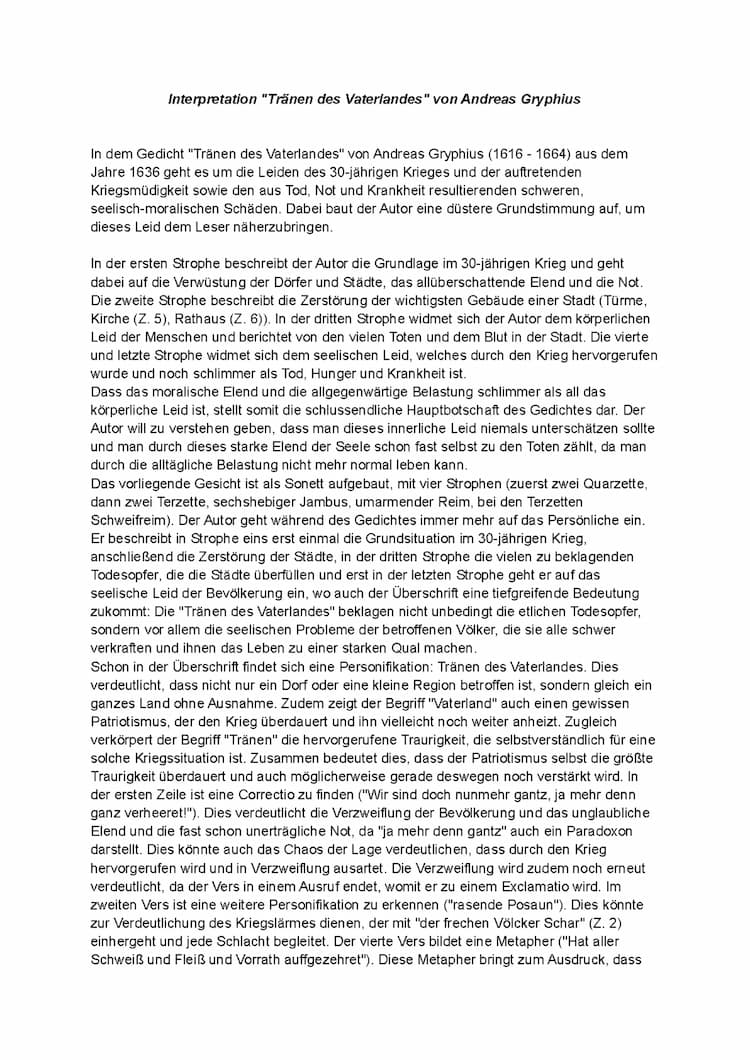 Know  "Tränen des Vaterlandes " von Andreas Gryphius  thumbnail