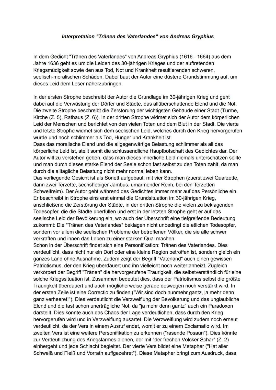 Interpretation "Tränen des Vaterlandes" von Andreas Gryphius
In dem Gedicht "Tränen des Vaterlandes" von Andreas Gryphius (1616 - 1664) aus 