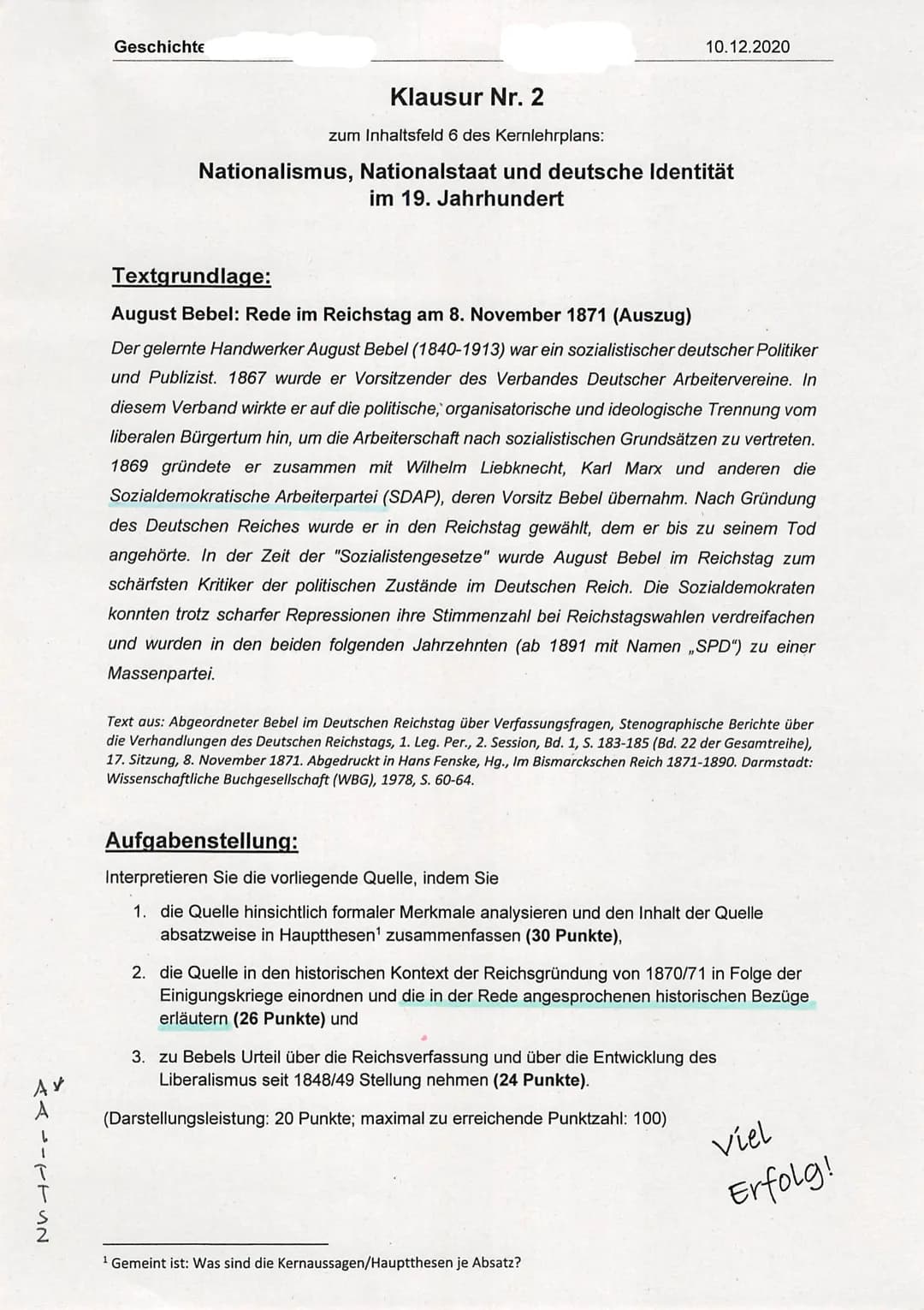 UN
Geschichte
Klausur Nr. 2
zum Inhaltsfeld 6 des Kernlehrplans:
10.12.2020
Nationalismus, Nationalstaat und deutsche Identität
im 19. Jahrh