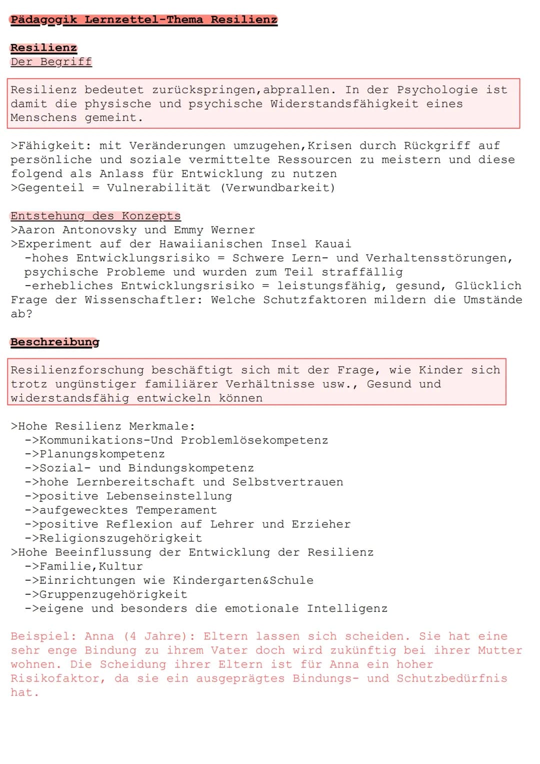 Pädagogik Lernzettel-Thema Resilienz
Resilienz
Der Begriff
Resilienz bedeutet zurückspringen, abprallen. In der Psychologie ist
damit die ph
