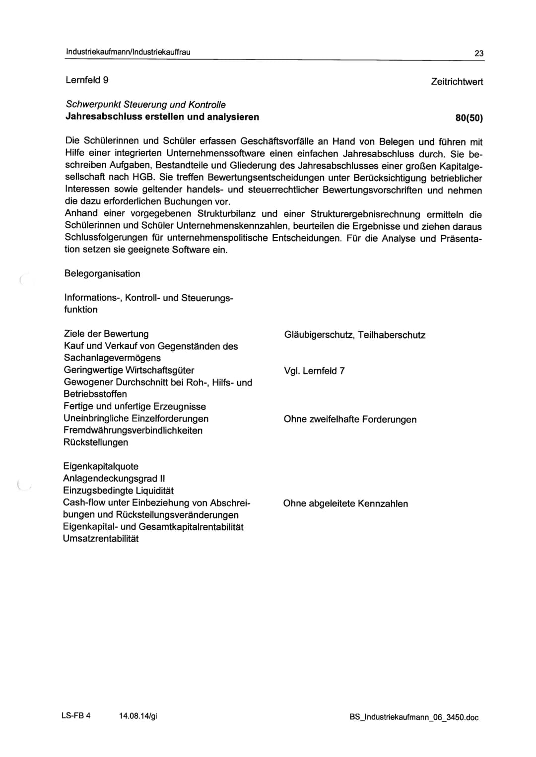 Industriekaufmann/Industriekauffrau
Berufsfachliche Kompetenz - Schwerpunkt Steuerung und Kontrolle
Lernfeldübersicht Langzeitklassen
Schulj