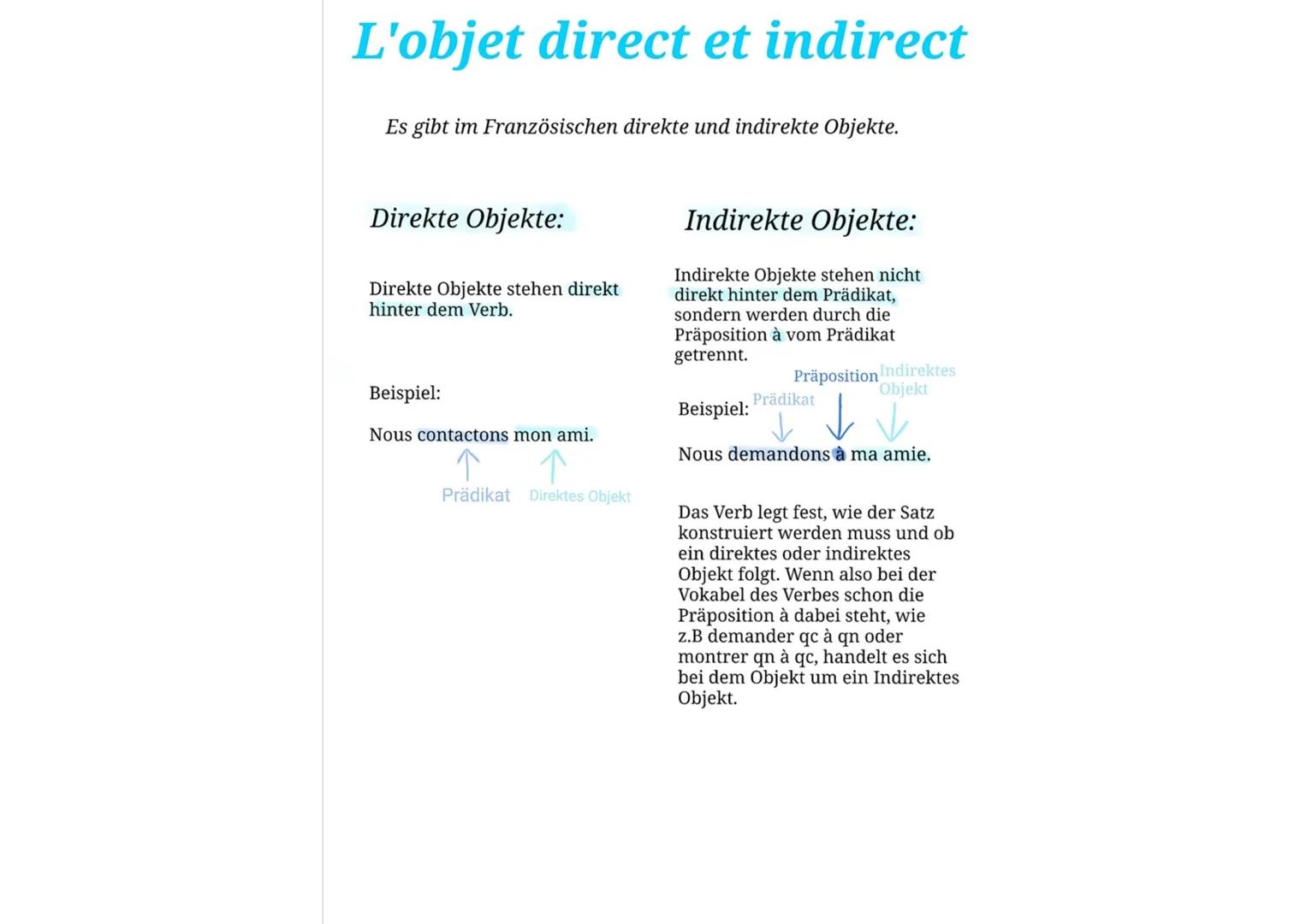 # L'objet direct et indirect

Es gibt im Französischen direkte und indirekte Objekte.

Direkte Objekte:

Direkte Objekte stehen direkt
hinte