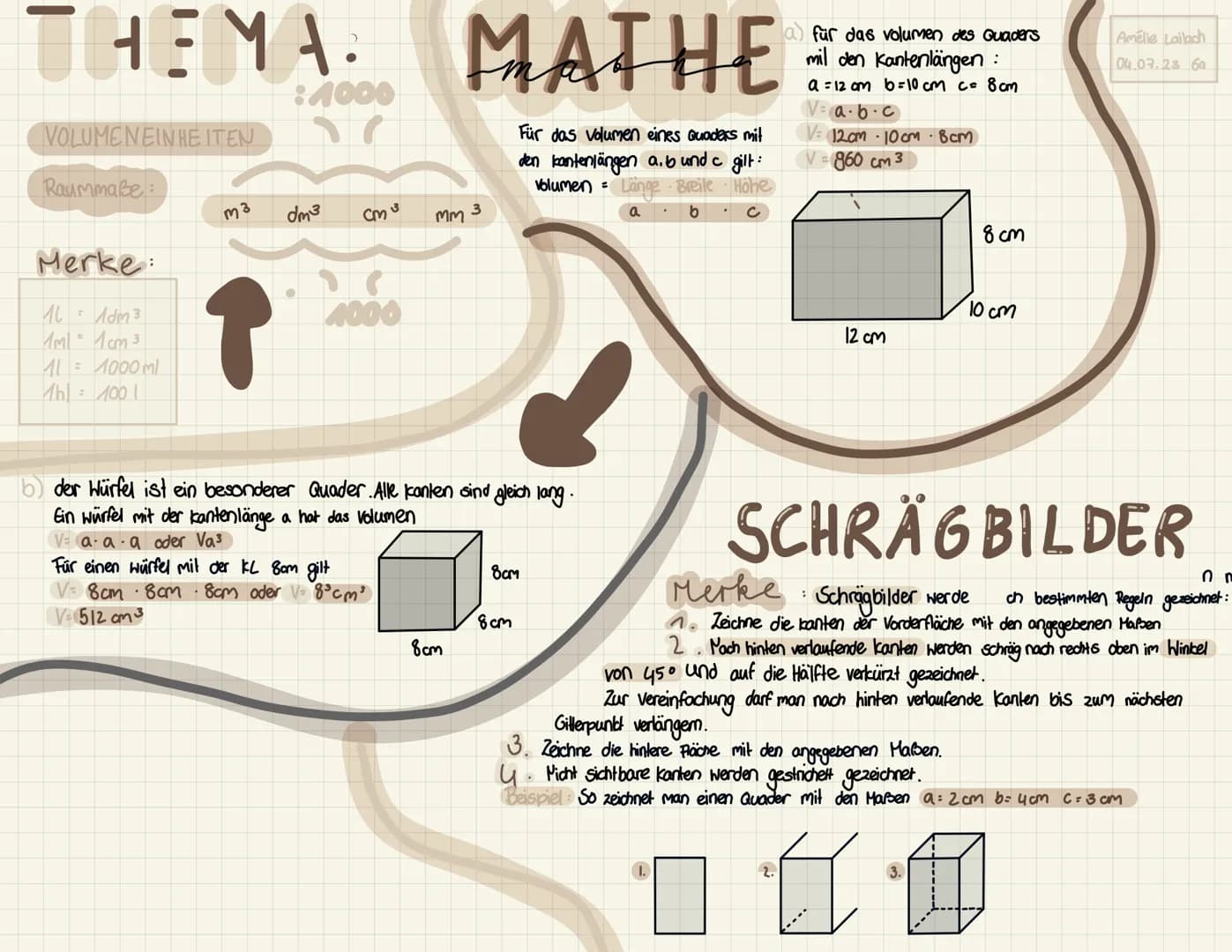 THEMA.
VOLUMENEINHEITEN
Raummaße:
Merke:
10
1dm3
1ml = 1 cm ³
T
11 = 1000ml
1h
1001
m3
↑
1000
dm ²³
cm
3
4000
Für einen würfel mit der KL 8c