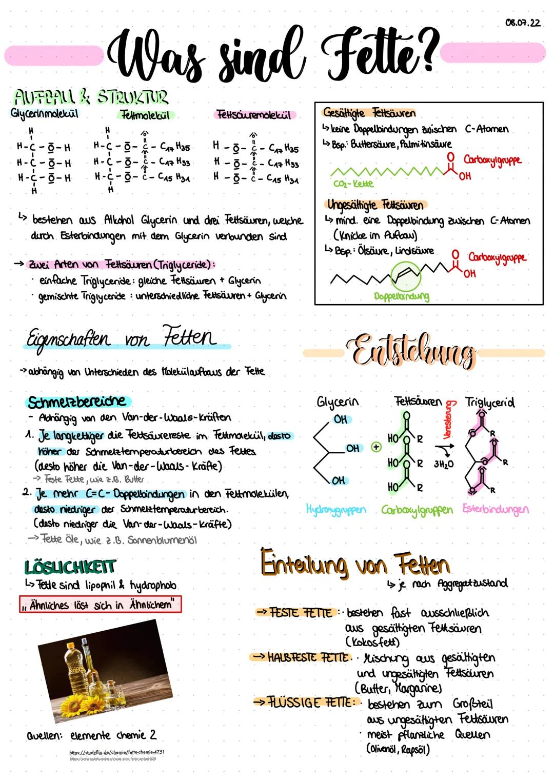 08.07.22
# Was sind Fette?

## AUFBALL & STRUKTUR

Glycerin molekül

```
 H
H-C-0-H
H-C-0-H
H-C-0-H
 H
```

Fettmolekül

```
 H
H-C--- Сла Н
