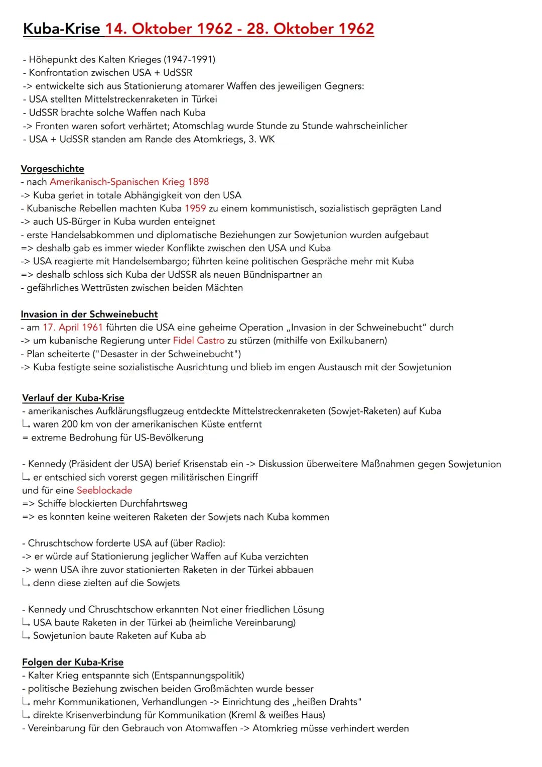 Kuba-Krise 14. Oktober 1962 - 28. Oktober 1962
- Höhepunkt des Kalten Krieges (1947-1991)
- Konfrontation zwischen USA + UdSSR
-> entwickelt