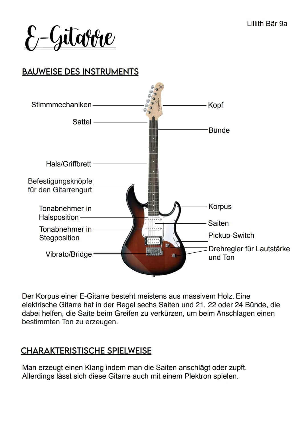 E-Gitarre
BAUWEISE DES INSTRUMENTS
Stimmmechaniken-
Sattel
Hals/Griffbrett
Befestigungsknöpfe
für den Gitarrengurt
Tonabnehmer in
Halspositi