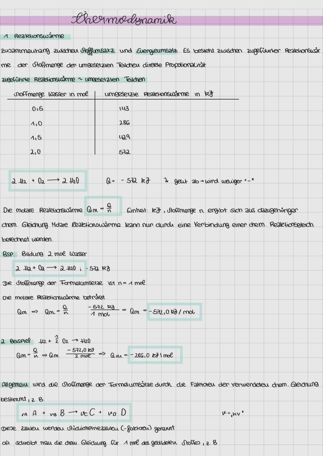 thermodynamik
Zusammenhang zwischen Stoffumsatz und Evengieumsatz. Es besteht zwischen zugefüurter Reaktionswär
me der Stoffmenge der umgese