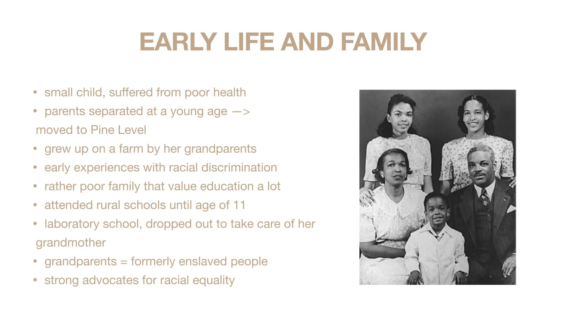 ROSA PARKS AND THE CIVIL
RIGHTS MOVEMENT
a presentation by Josephin Fröhlich ●
General Information
Earl Life and Family
Adulthood and Marria