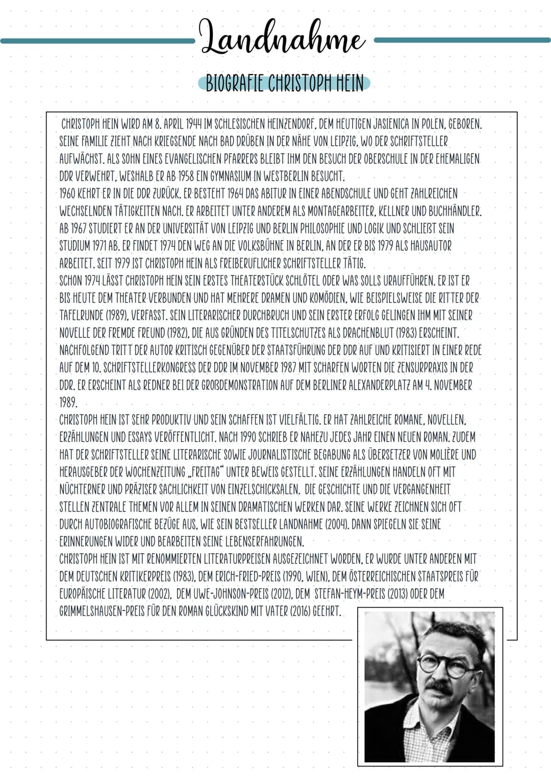 Landnahme
BIOGRAFIE CHRISTOPH HEIN
CHRISTOPH HEIN WIRD AM 8. APRIL 1944 IM SCHLESISCHEN HEINZENDORF, DEM HEUTIGEN JASIENICA IN POLEN, GEBORE