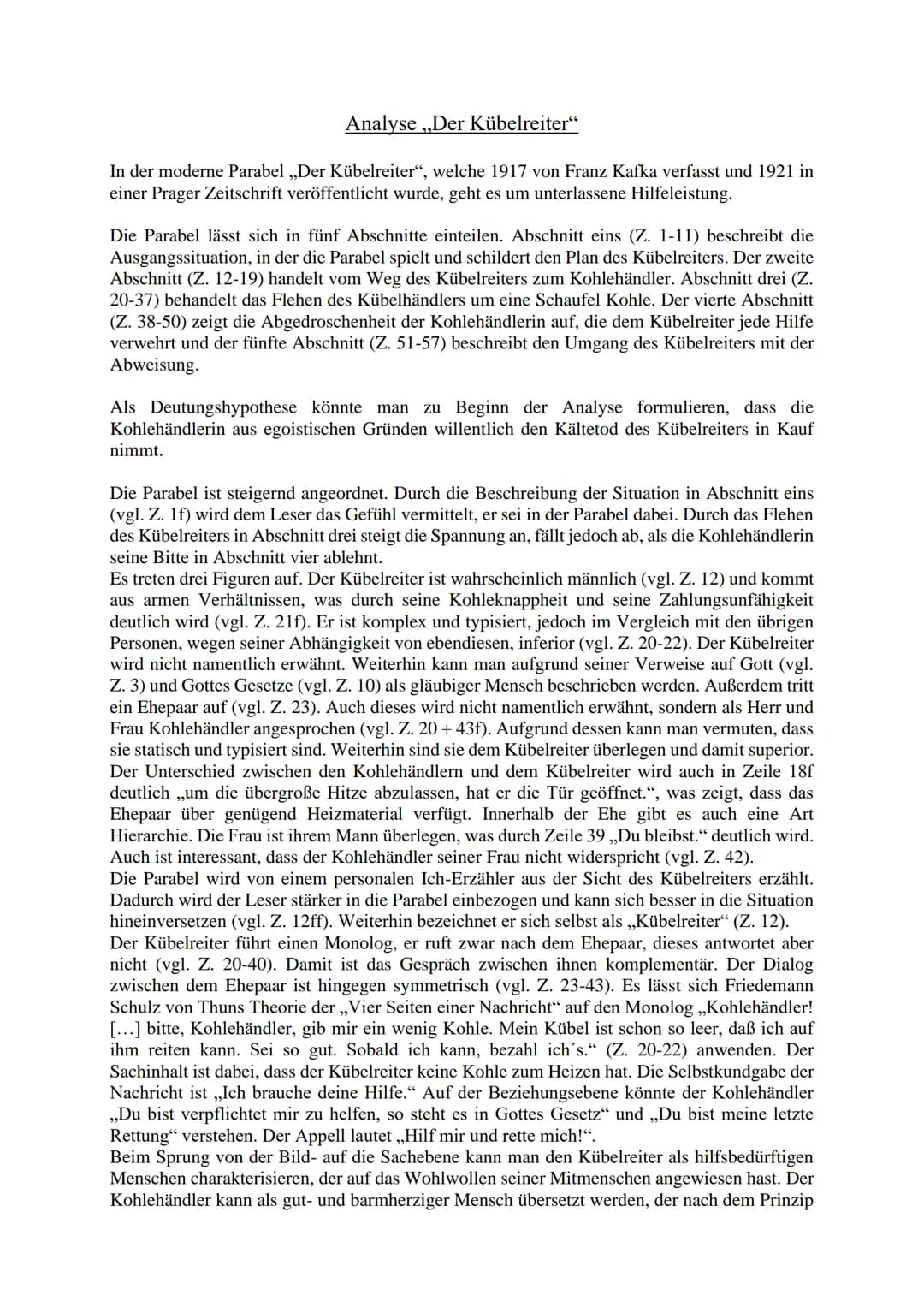 Analyse ,,Der Kübelreiter"
In der moderne Parabel ,,Der Kübelreiter", welche 1917 von Franz Kafka verfasst und 1921 in
einer Prager Zeitschr