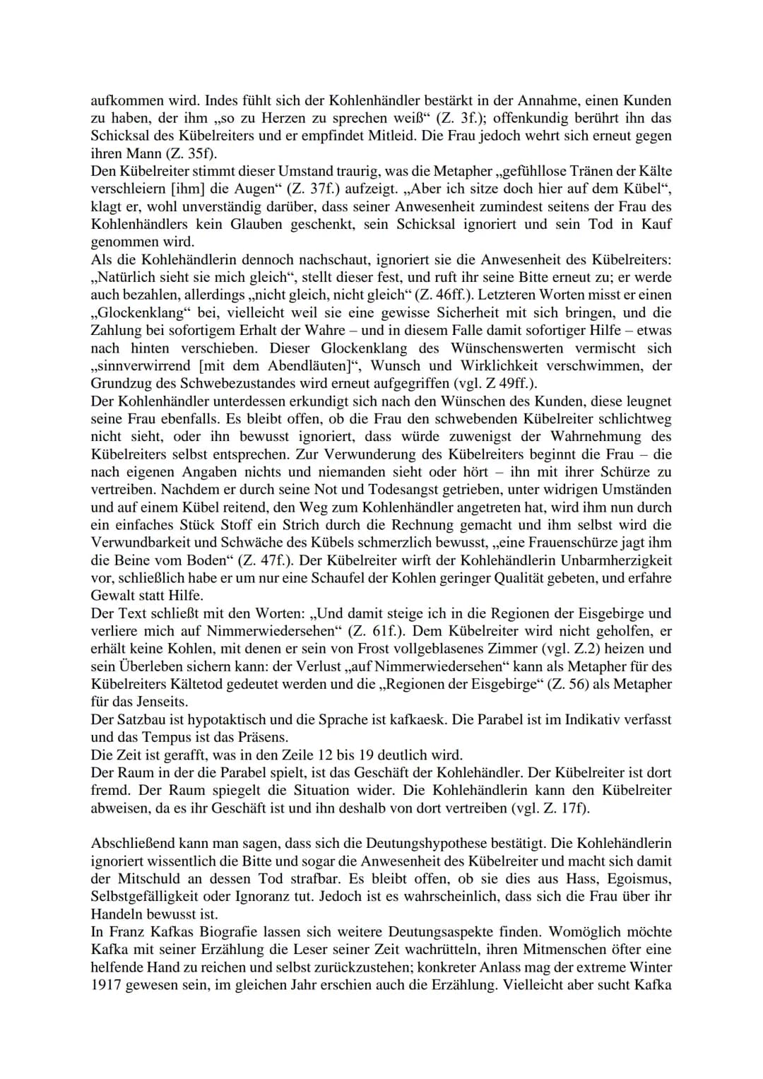 Analyse ,,Der Kübelreiter"
In der moderne Parabel ,,Der Kübelreiter", welche 1917 von Franz Kafka verfasst und 1921 in
einer Prager Zeitschr