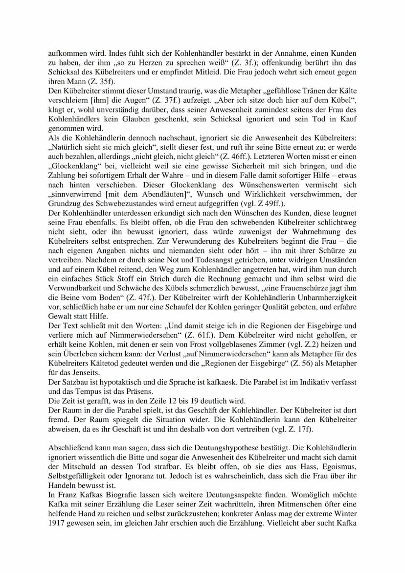 Analyse ,,Der Kübelreiter"
In der moderne Parabel ,,Der Kübelreiter", welche 1917 von Franz Kafka verfasst und 1921 in
einer Prager Zeitschr