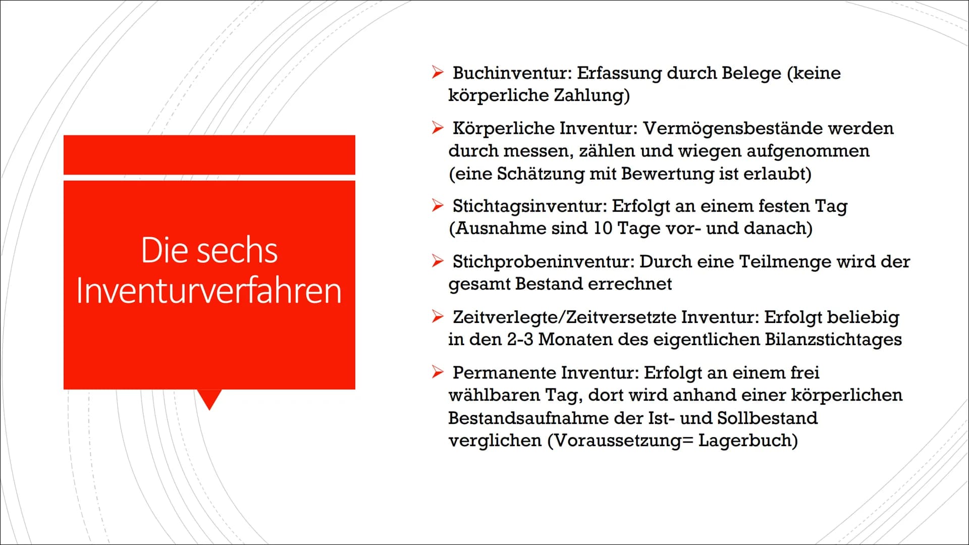 Inventar und Inventur Gliederung
■ Was ist eine Inventur ?
▪ Was versteht man unter einem Inventar?
■ Inventurverfahren
■ Aufgaben/Quiz Was 