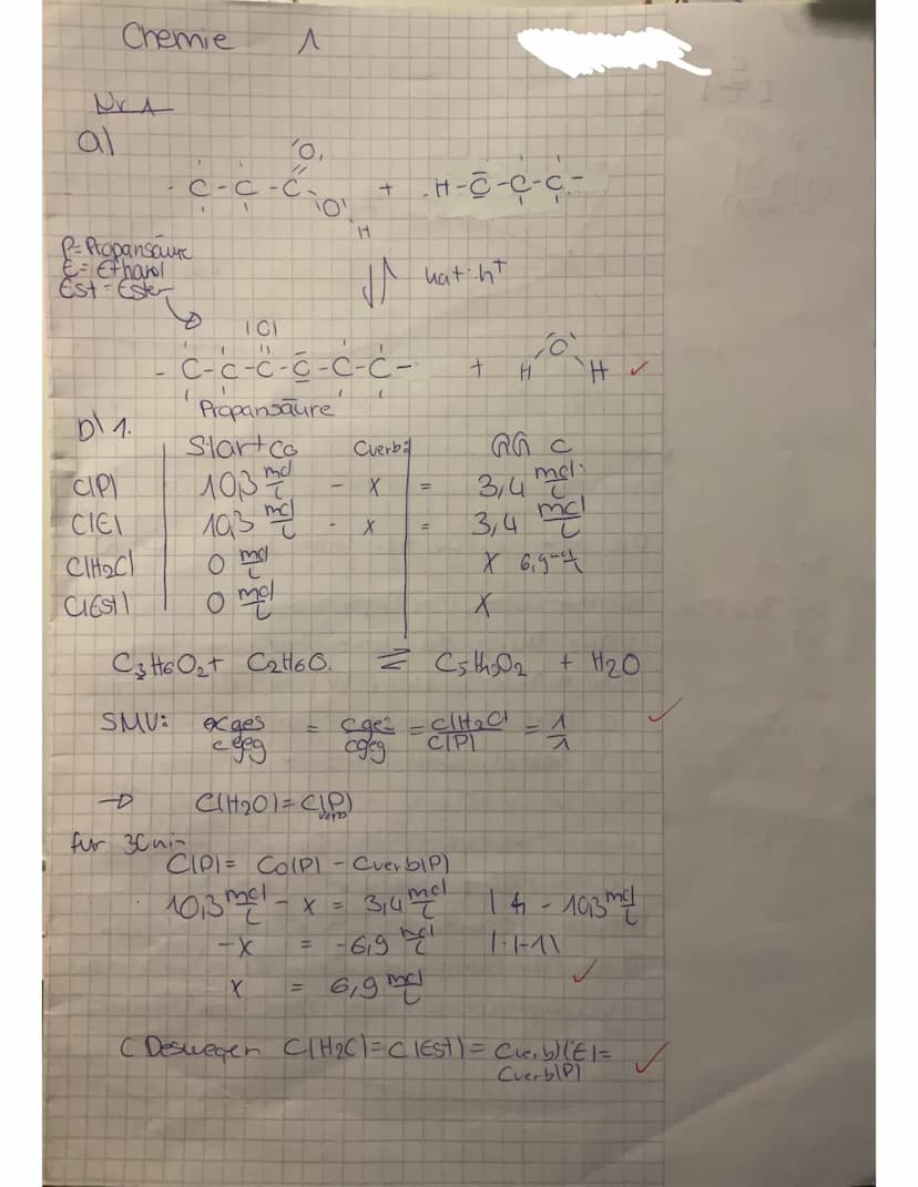 Chemie 1
Name:
Note: 12
рте
= EST THO
1) In einem Experiment wird Propansäure (P) mit Ethanol (E) unter Einwirkung eines
Katalysators zur Re