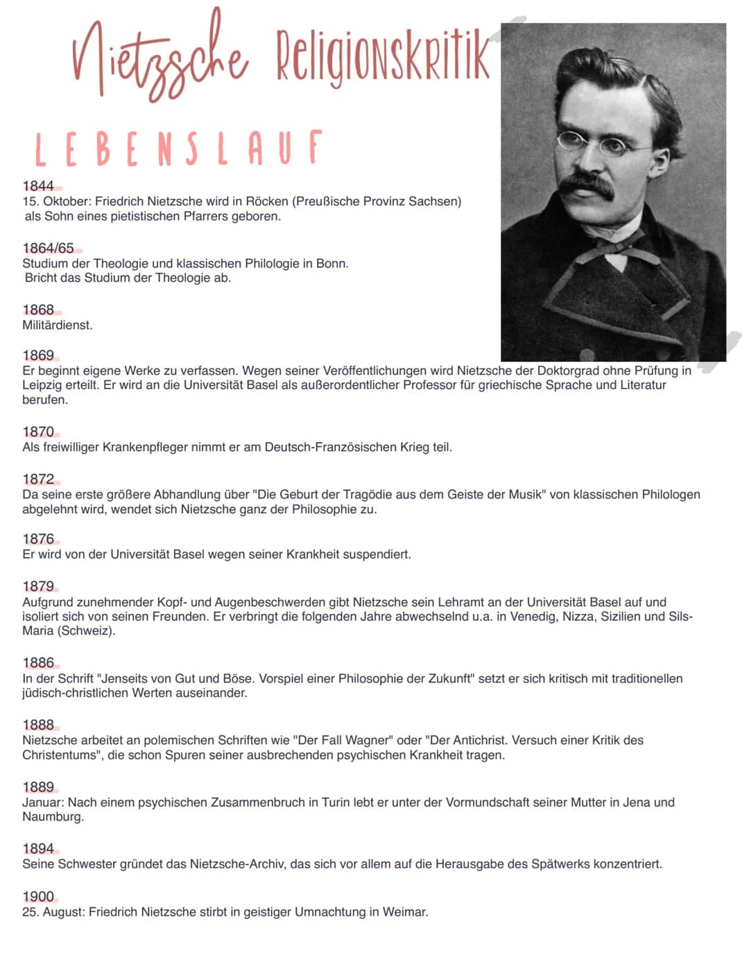Nietzsche Religionskritik
LEBENSLAUF
1844
15. Oktober: Friedrich Nietzsche wird in Röcken (Preußische Provinz Sachsen)
als Sohn eines pietis