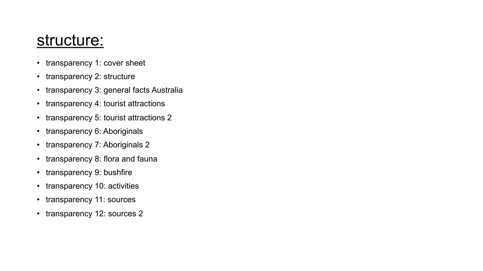 Australia & Aboriginals
presentation from Sarah Grabow
Class 9a structure:
transparency 1: cover sheet
transparency 2: structure
transparenc
